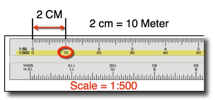 Metric Scale Measuring 2 cm on the drawings equals 10 Meters