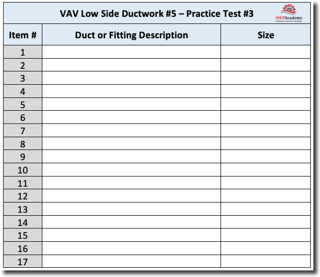 VAV Low Side Ductwork #5 Practice Test #3 Takeoff Form
