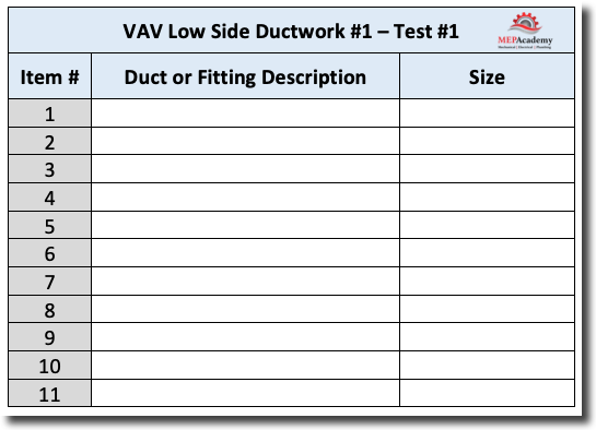 VAV Low Side Ductwork #1 Takeoff Chart - Test #1