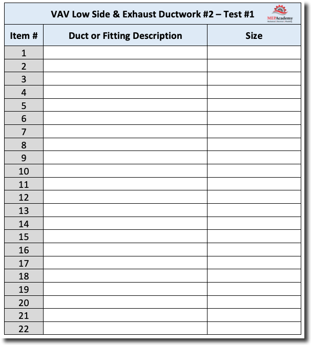 VAV Low Side and Exhaust Ductwork #2 Takeoff Form
