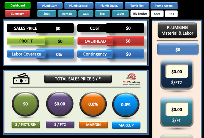 Plumbing estimating Spreadsheet Dashboard