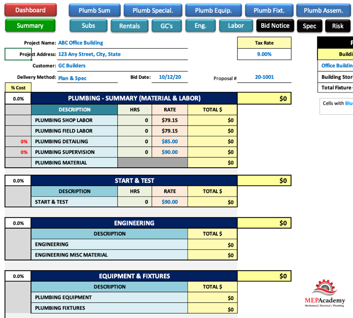 Main Estimating Summary Page (Upper Portion)