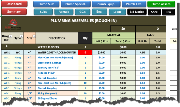 Plumbing Estimating Spreadsheet Mep Academy