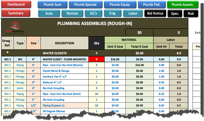 Plumbing Assemblies make takeoff's quicker