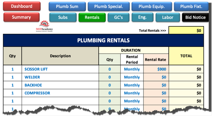 Plumbing Rentals Sheet