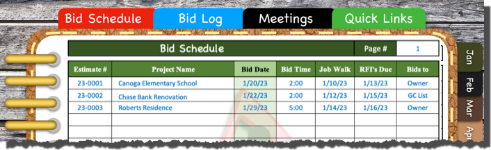 Estimating Bid Schedule indicates all current projects bidding