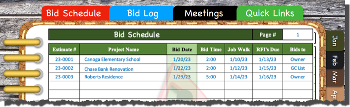 Estimating Bid Schedule indicates all current projects bidding