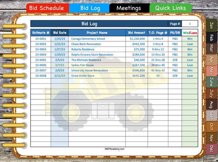 Digital Planner For Construction Estimators MEP Academy   Estimating Bid Log 