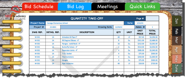 Material Takeoffs are easily documented in the digital planner.