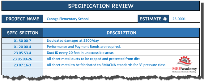 Construction Specification Review Notes