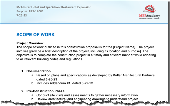 Scope of work section in construction proposal