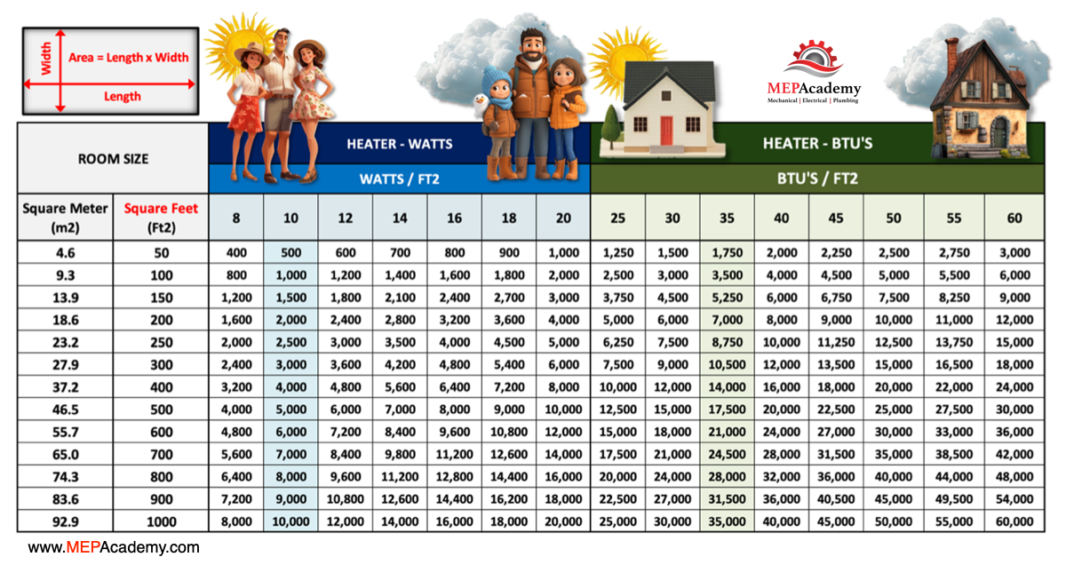 Space Heater Sizing Chart - Watts per Square Foot - BTUs per Square Foot