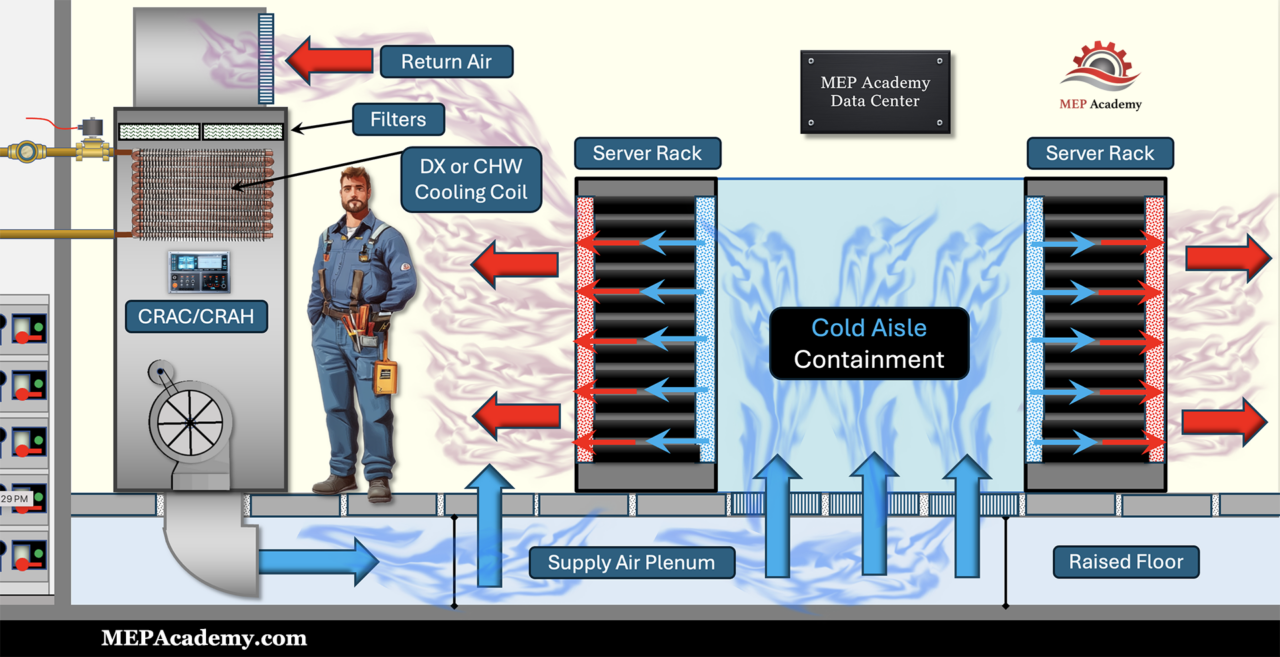 Cold aisle containment in a data center using a CRAC or CRAH unit to supply air