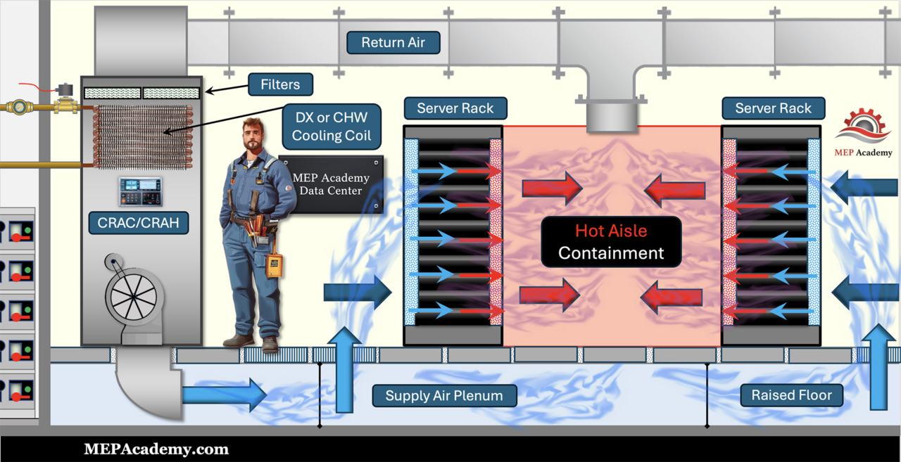 Hot aisle containment in a Data Center using a CRAC or CRAH unit for supply air
