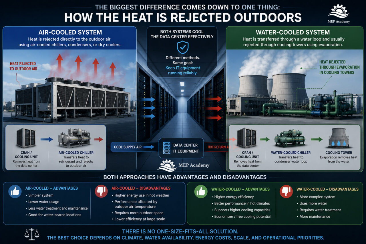 Air-cooled and water-cooled data center cooling systems comparison showing heat rejection methods.