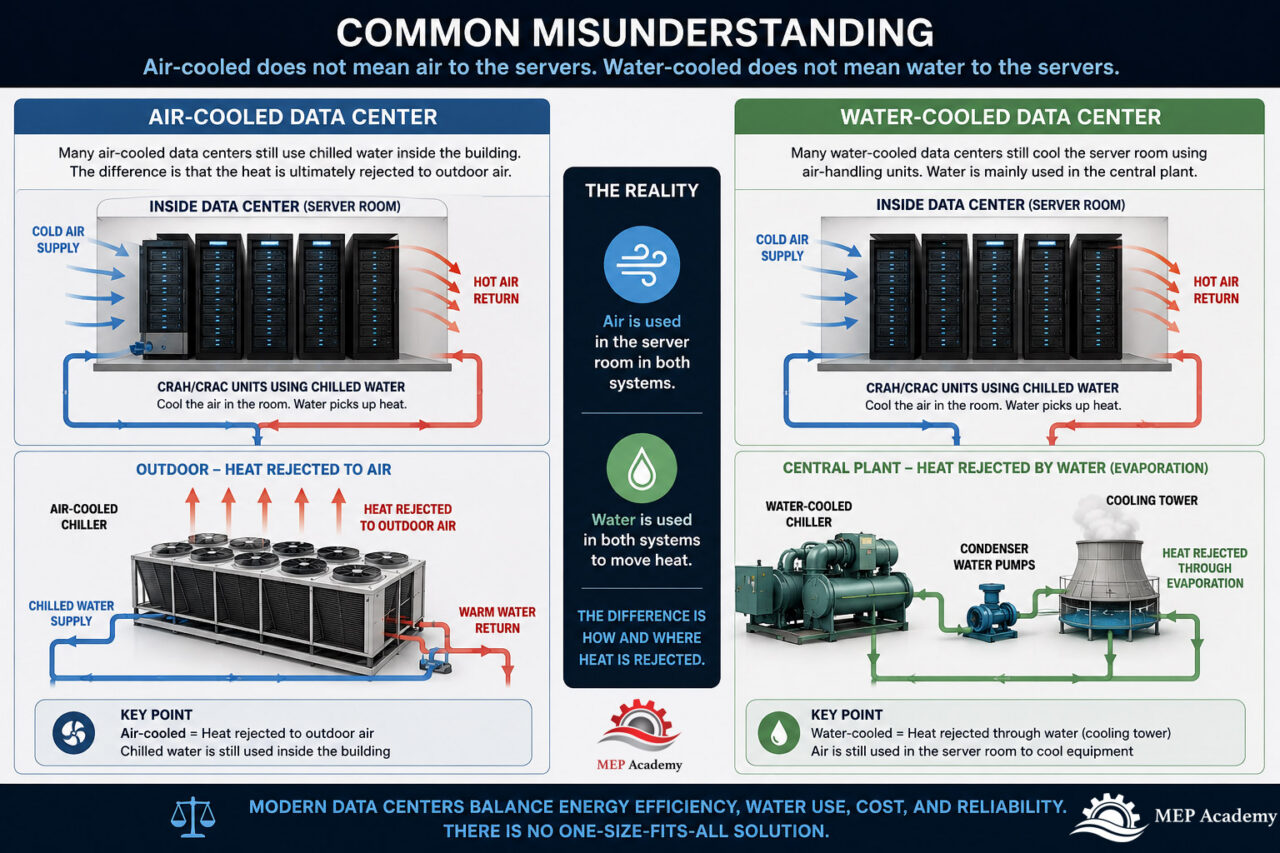 Comparison showing how air-cooled and water-cooled data center systems actually transfer heat.
