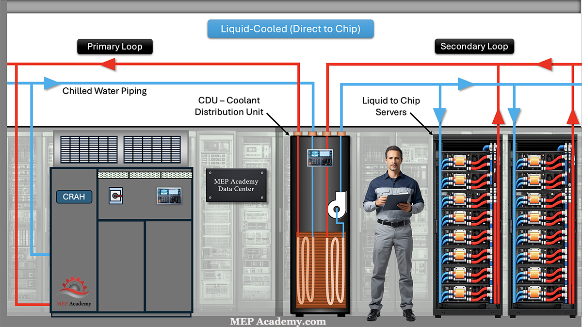 Primary and secondary cooling distribution unit loops serving direct-to-chip liquid-cooled AI server racks in a data center.