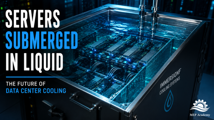 servers submerged in liquid. in a data center