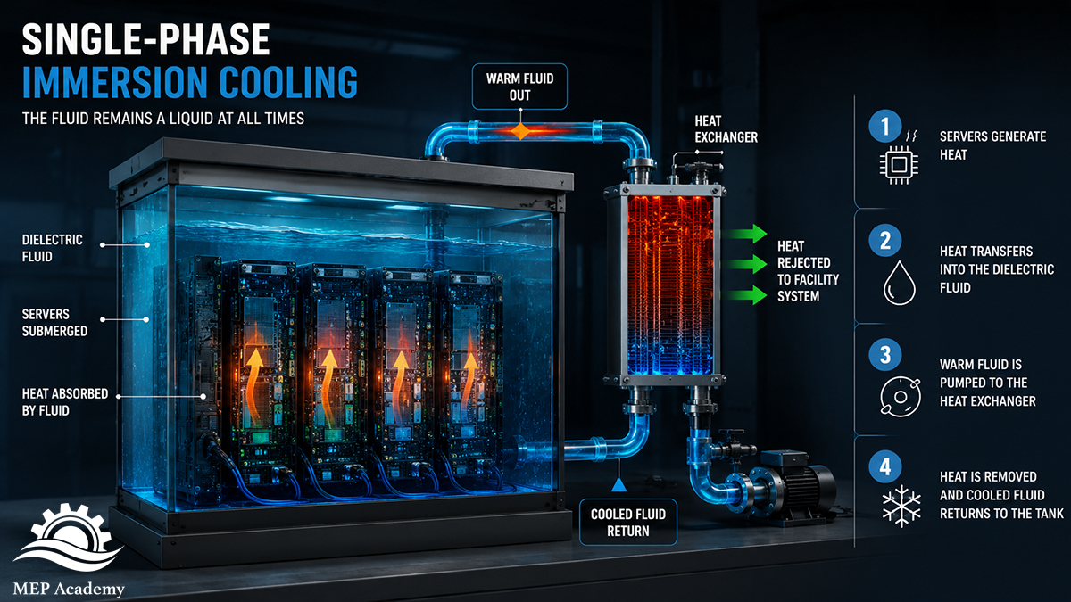 Single phase immersion cooling used in Data Centers