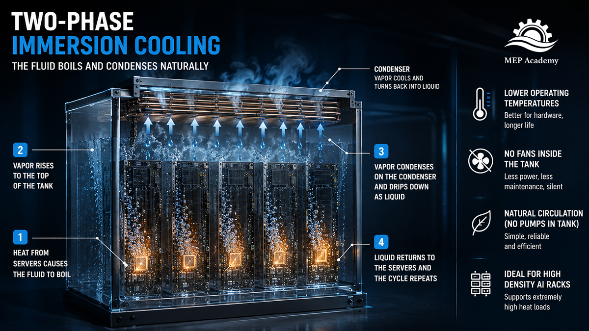 Two-phase immersion cooling uses the boiling and condensation of a dielectric fluid to transfer heat away from high-performance computing equipment.