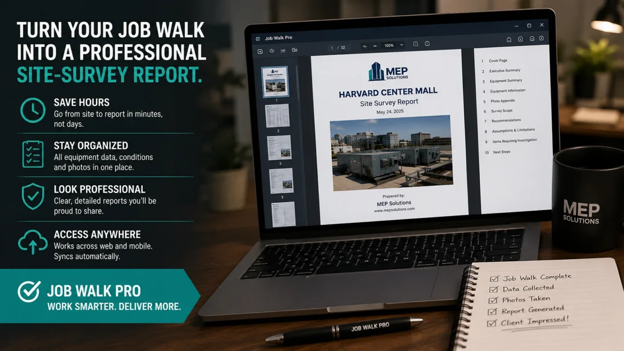Professional HVAC equipment asset report created from job walk and site survey data