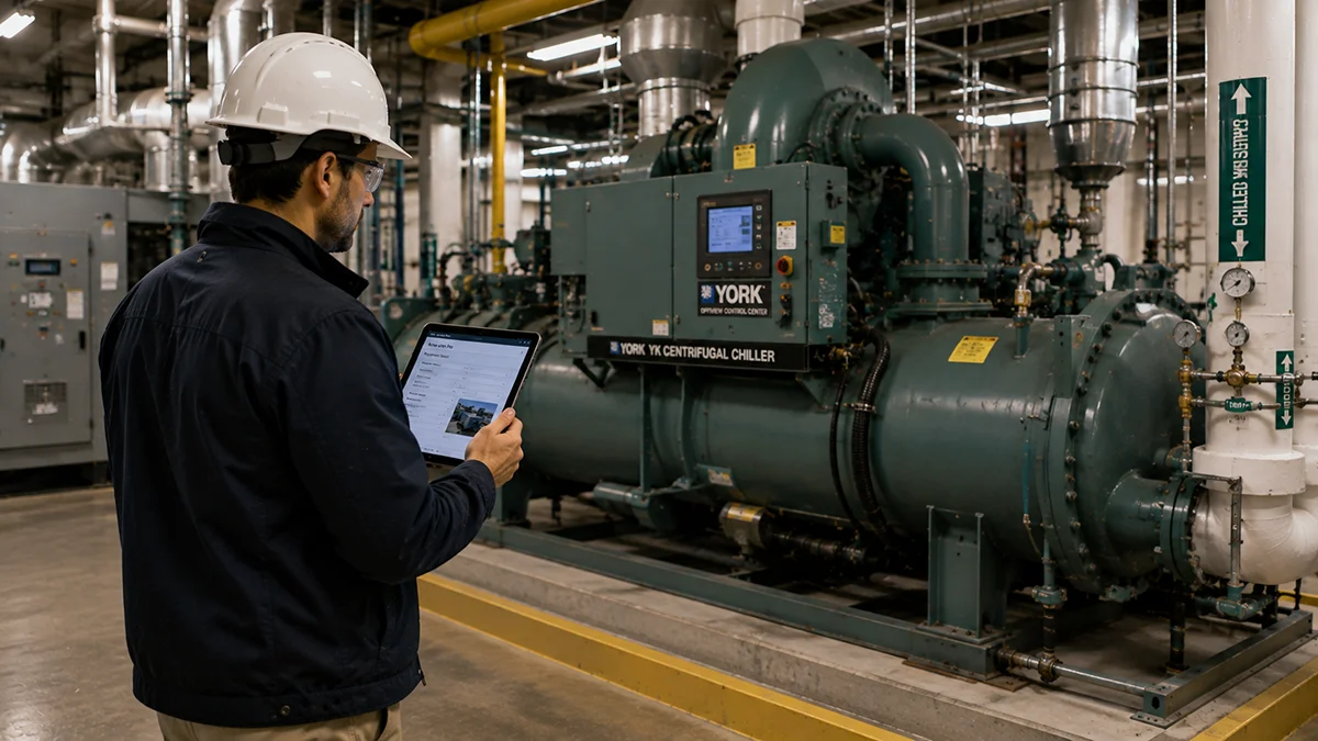 Engineer performing an HVAC chiller equipment survey and documenting existing conditions