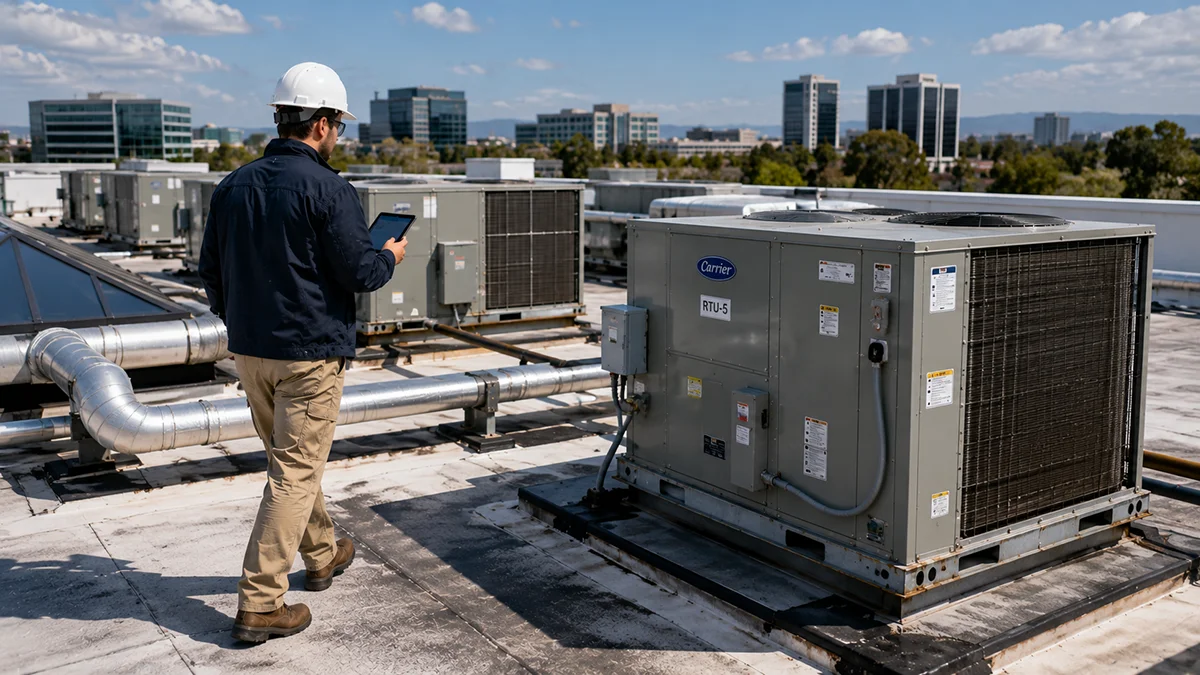 HVAC technician documenting rooftop equipment during a commercial building job walk