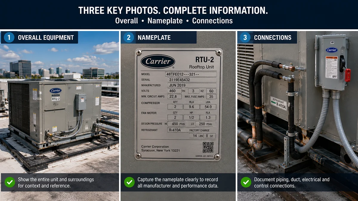 HVAC equipment nameplate and equipment photos collected during a mechanical site survey