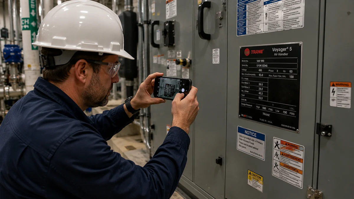 HVAC contractor using a mobile app to document equipment during a site survey