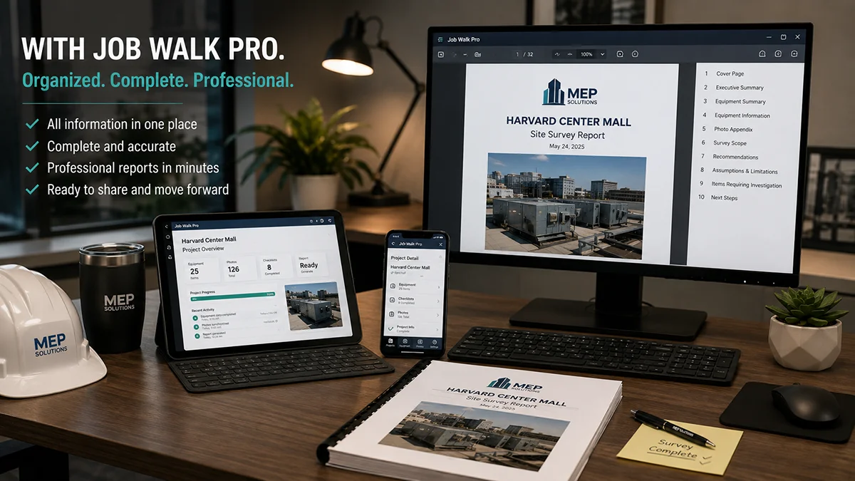 Job Walk Pro organizing HVAC equipment photos and site survey information by asset