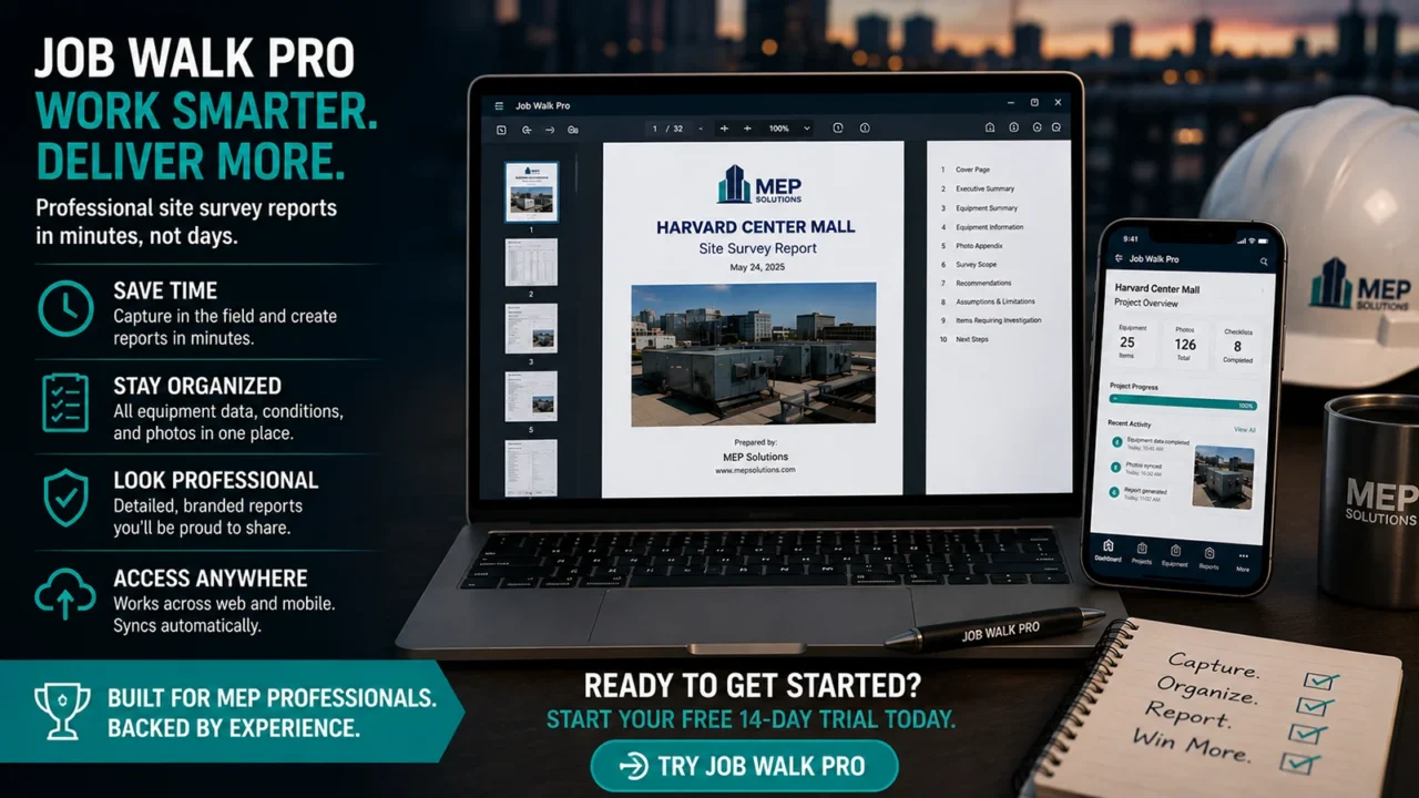 Job Walk Pro software for construction job walks, HVAC site surveys, and equipment asset reporting