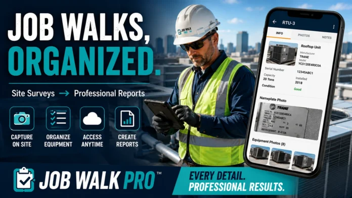 HVAC professional using Job Walk Pro software for a job walk and equipment site survey