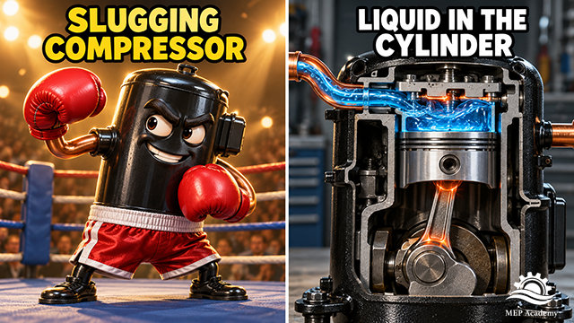 Compressor wearing boxing gloves beside a reciprocating compressor cutaway showing liquid above the piston.