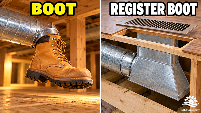 Leather work boot attached to ductwork beside a metal register boot beneath a floor opening.