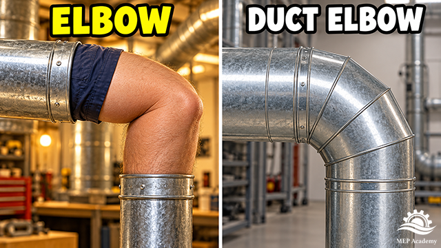 Bent human elbow connecting duct sections beside a segmented galvanized 90-degree duct elbow.