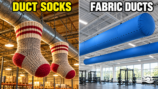 Oversized knitted socks attached to metal ducts beside blue fabric air ducts suspended in a gym.