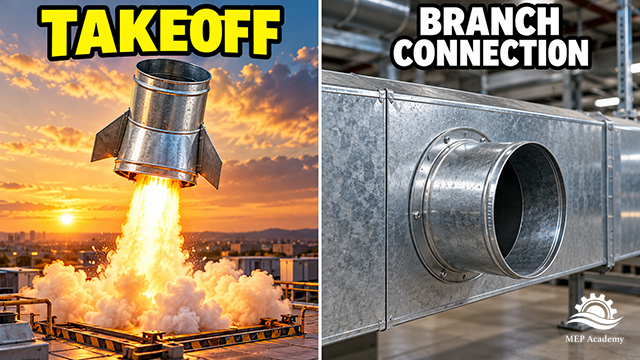 Duct fitting launching like a rocket beside a round takeoff collar attached to a rectangular main duct.