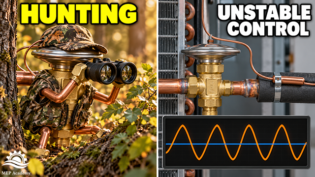 Expansion valve wearing camouflage and holding binoculars beside a valve and an oscillating control trace.