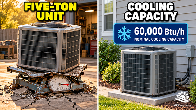 AC unit crushing a weighing scale beside a unit labeled with a nominal cooling capacity of 60,000 Btu/h.