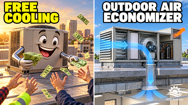 AC unit handing out money beside a rooftop economizer cutaway showing outdoor air entering the building.