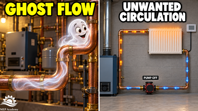 Friendly ghost drifting through copper pipes beside a heating loop illustrating circulation with the pump off.