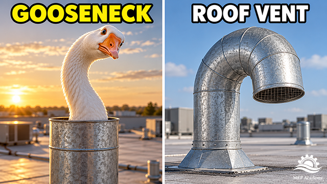 Goose emerging from a rooftop duct beside a curved metal roof vent with a downward-facing screened opening.