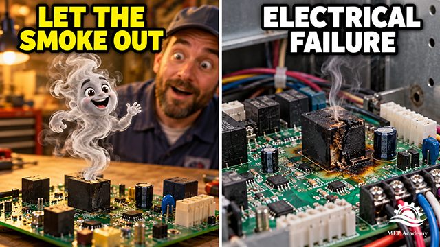 Smiling smoke character escaping a circuit board beside a scorched electrical component releasing smoke.