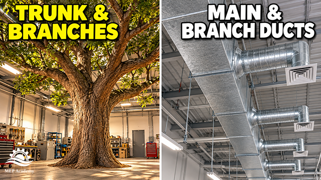 Tree growing inside a workshop beside a main rectangular duct connected to smaller round branch ducts.