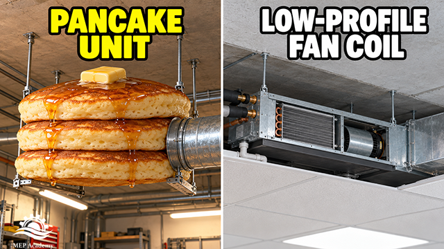 Pancakes suspended from ceiling hangers beside a shallow horizontal fan coil installed above ceiling tiles.