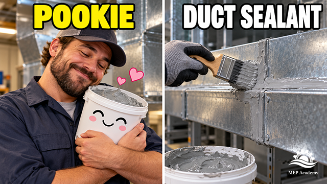 Technician hugging a smiling sealant bucket beside a brush applying gray mastic to a metal duct joint.