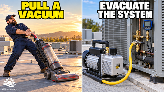 Technician dragging a household vacuum beside an HVAC vacuum pump and micron gauge connected to an outdoor unit.