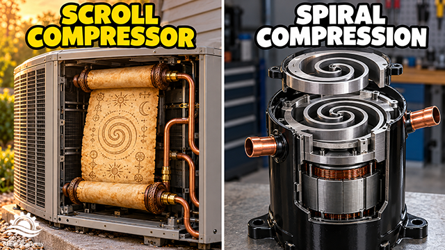 Ancient parchment installed in an air conditioner beside a compressor cutaway exposing spiral scroll elements.