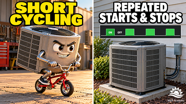 AC unit riding a tiny bicycle beside an outdoor unit and a timeline of repeated on-and-off cycles.