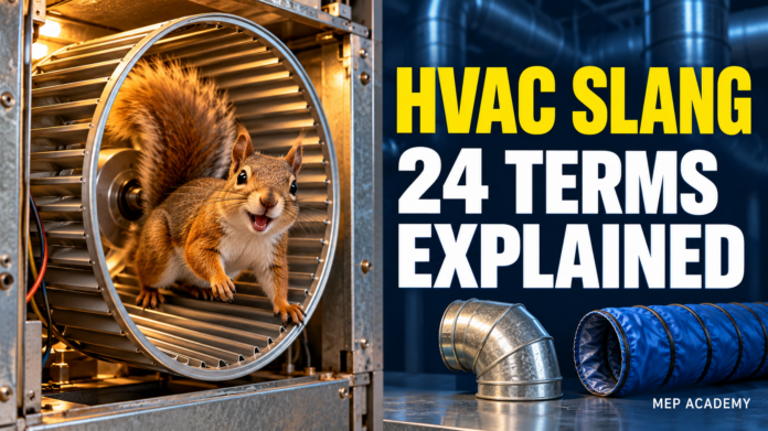Alt text: Squirrel inside a furnace blower wheel beside ductwork and the headline “HVAC Slang: 24 Terms Explained.”